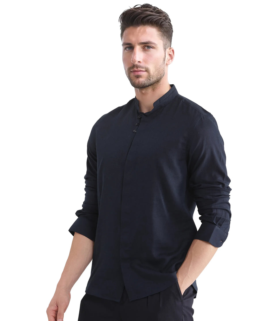 Rare Rabbit Men's Throne Ls-25 Navy Linen Blend Plain Regular Fit Full Sleeve Mandarin Collar Shirt