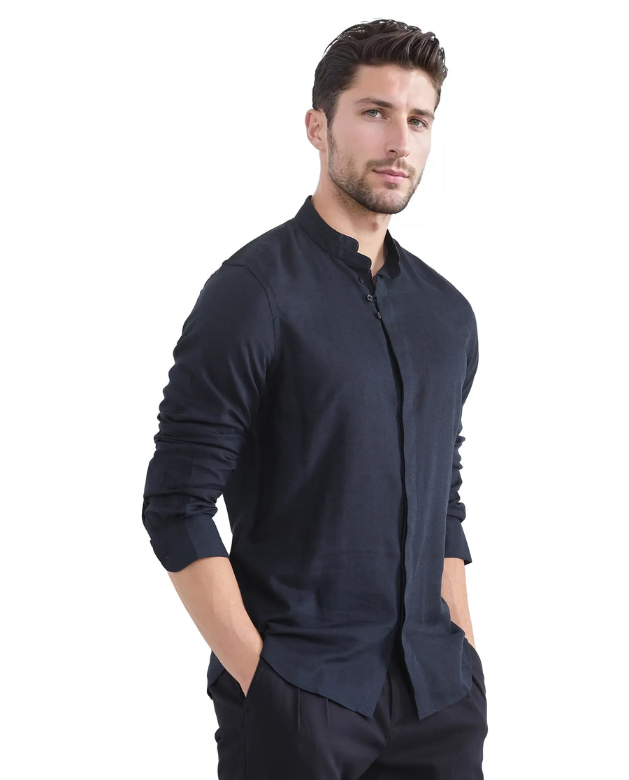 Rare Rabbit Men's Throne Ls-25 Navy Linen Blend Plain Regular Fit Full Sleeve Mandarin Collar Shirt