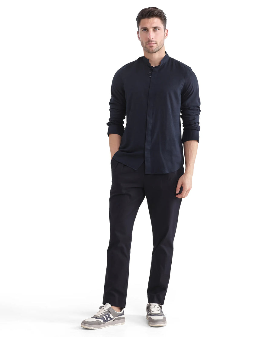 Rare Rabbit Men's Throne Ls-25 Navy Linen Blend Plain Regular Fit Full Sleeve Mandarin Collar Shirt