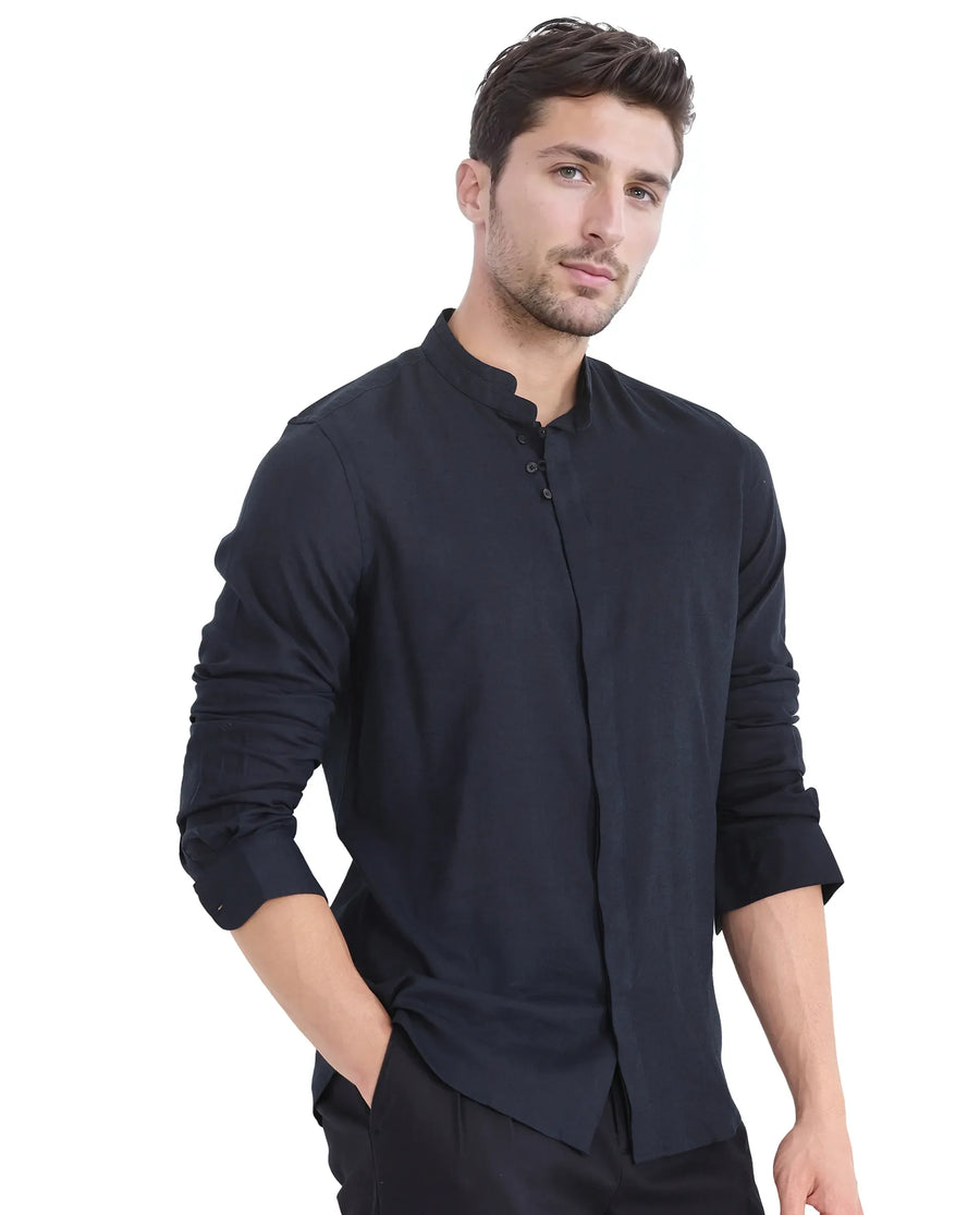 Rare Rabbit Men's Throne Ls-25 Navy Linen Blend Plain Regular Fit Full Sleeve Mandarin Collar Shirt