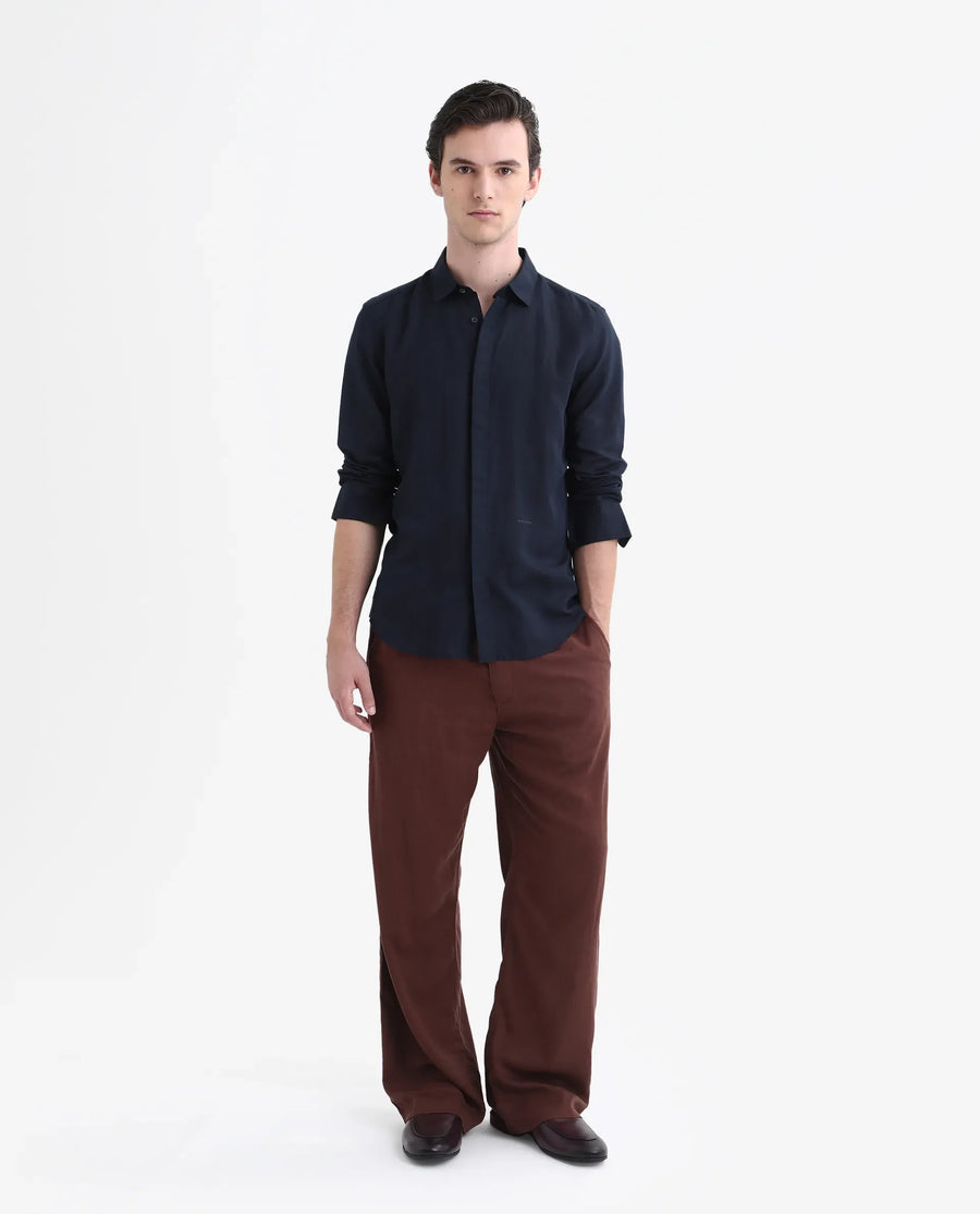 Rare Rabbit Men's Throner Navy Linen Blend Plain Regular Fit Full Sleeve Collared Shirt