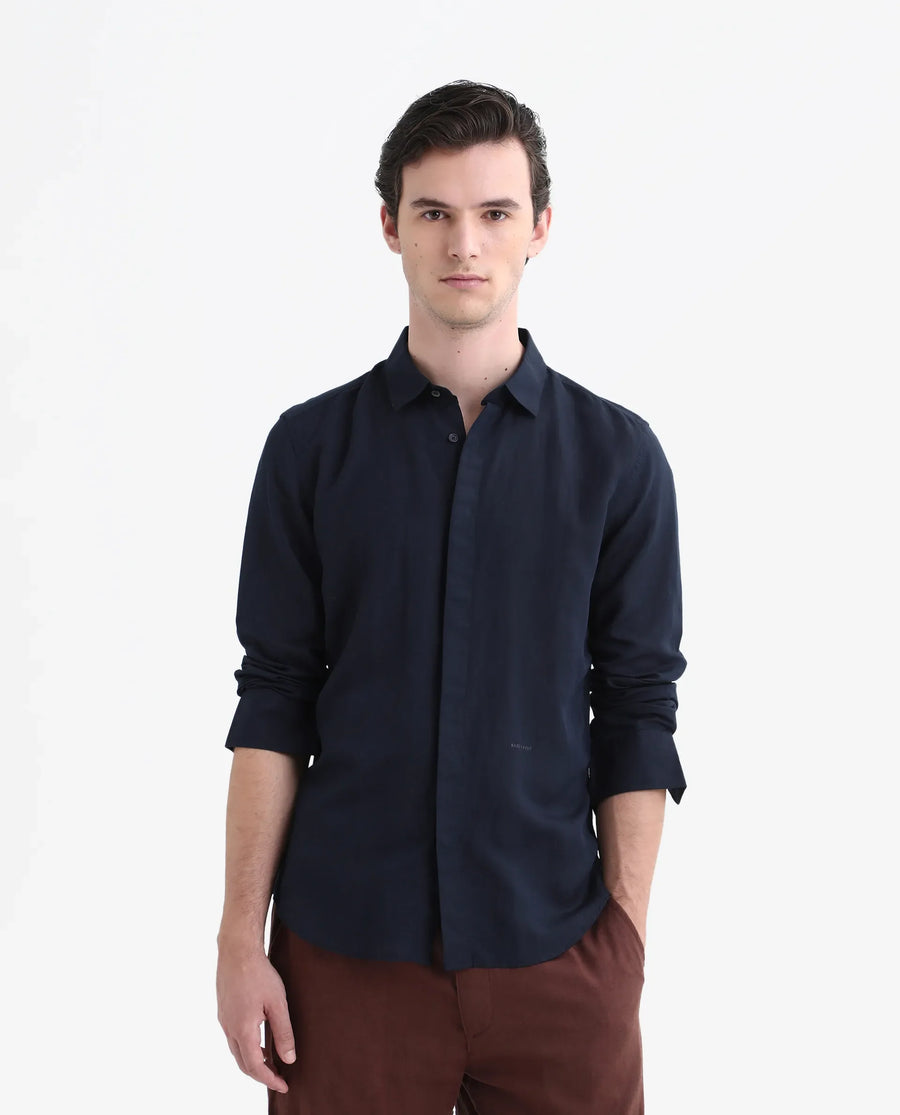 Rare Rabbit Men's Throner Navy Linen Blend Plain Regular Fit Full Sleeve Collared Shirt