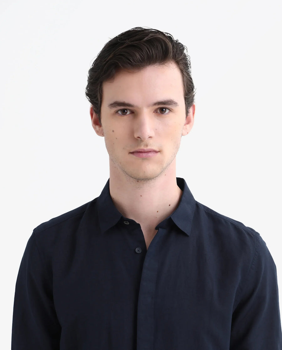 Rare Rabbit Men's Throner Navy Linen Blend Plain Regular Fit Full Sleeve Collared Shirt