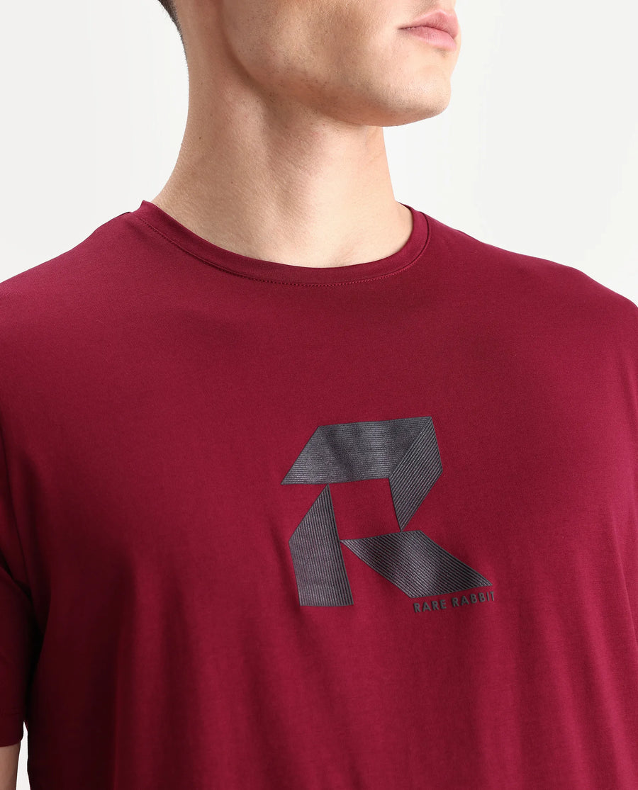 Rare Rabbit Men's Tibo Dark Red Cotton Blend Graphic Print Regular Fit Half Sleeve Crew Neck T-Shirt