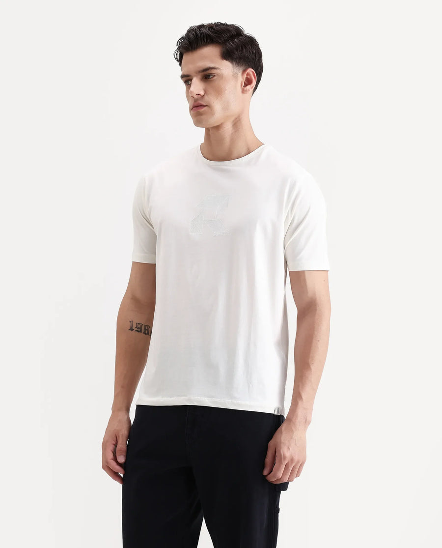 Rare Rabbit Men's Tibo Off White Cotton Blend Graphic Print Regular Fit Half Sleeve Crew Neck T-Shirt