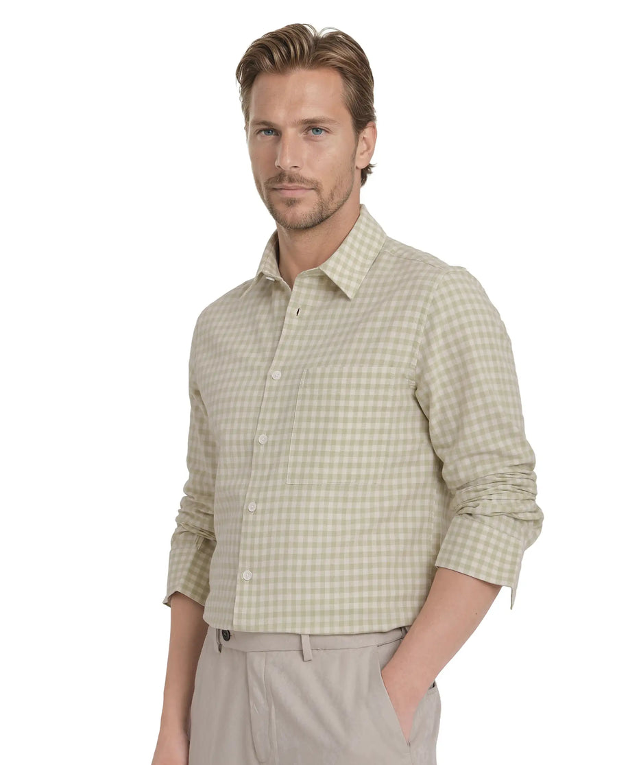 Rare Rabbit Men's Tickog Pastel Green Cotton Checked Print Regular Fit Full Sleeve Collared Shirt