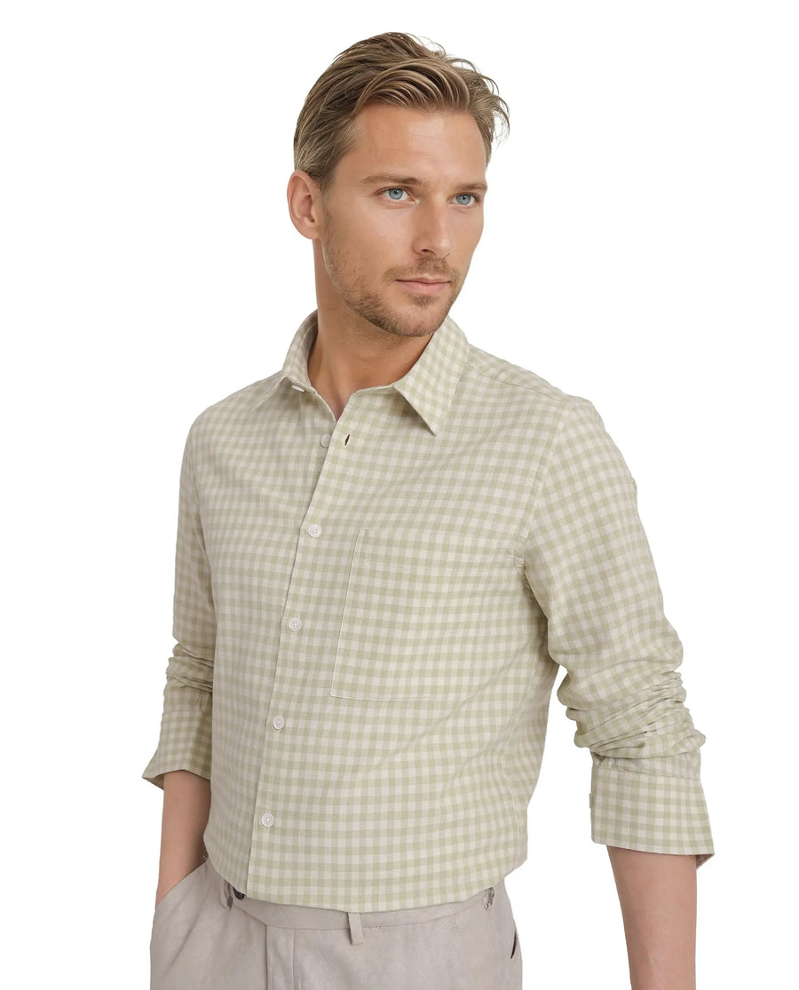 Rare Rabbit Men's Tickog Pastel Green Cotton Checked Print Regular Fit Full Sleeve Collared Shirt