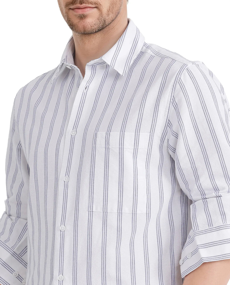 Rare Rabbit Men's Tickol White Cotton Striped Print Regular Fit Full Sleeve Collared Shirt