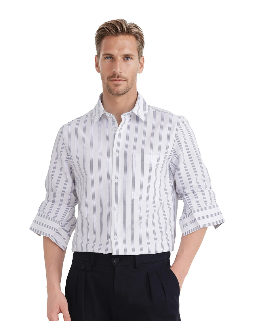 Rare Rabbit Men's Tickol White Cotton Striped Print Regular Fit Full Sleeve Collared Shirt