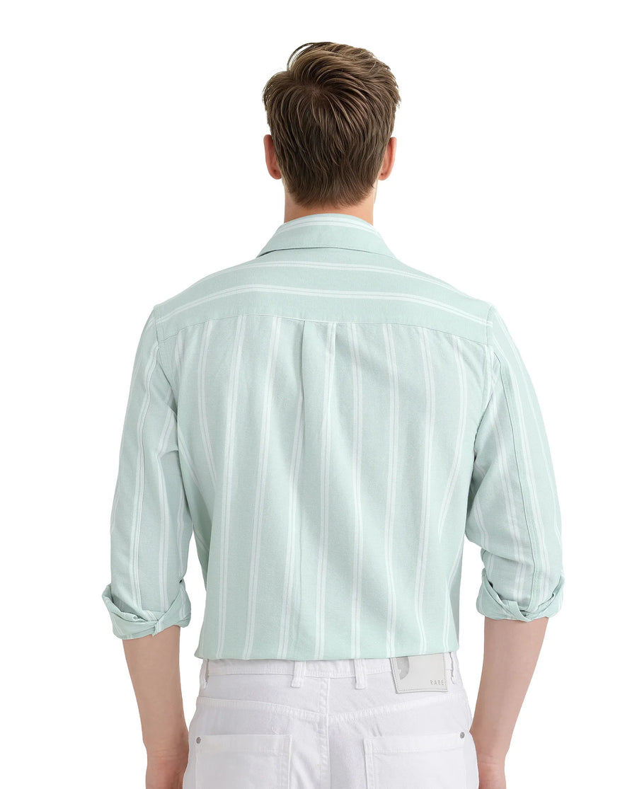 Rare Rabbit Men's Tico Pastel Green Cotton Striped Print Regular Fit Full Sleeve Collared Shirt