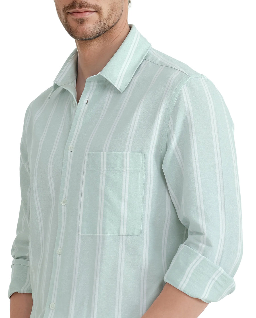 Rare Rabbit Men's Tico Pastel Green Cotton Striped Print Regular Fit Full Sleeve Collared Shirt