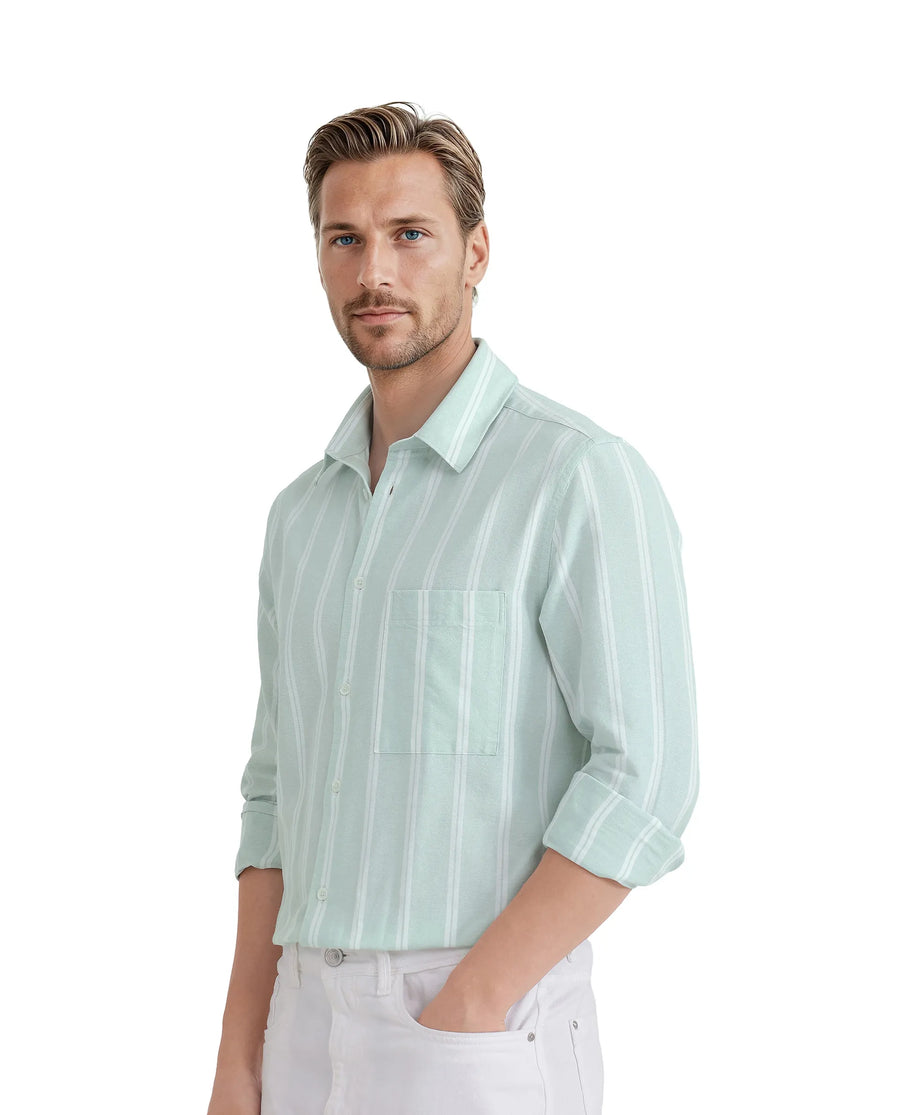 Rare Rabbit Men's Tico Pastel Green Cotton Striped Print Regular Fit Full Sleeve Collared Shirt