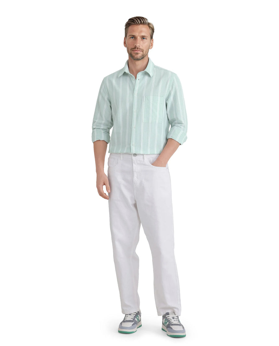 Rare Rabbit Men's Tico Pastel Green Cotton Striped Print Regular Fit Full Sleeve Collared Shirt