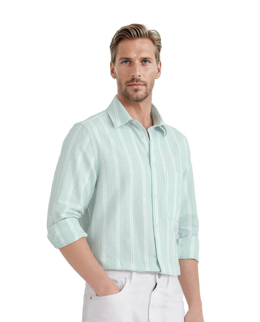 Rare Rabbit Men's Tico Pastel Green Cotton Striped Print Regular Fit Full Sleeve Collared Shirt
