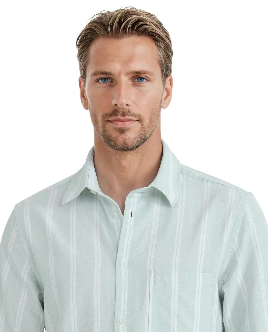Rare Rabbit Men's Tico Pastel Green Cotton Striped Print Regular Fit Full Sleeve Collared Shirt