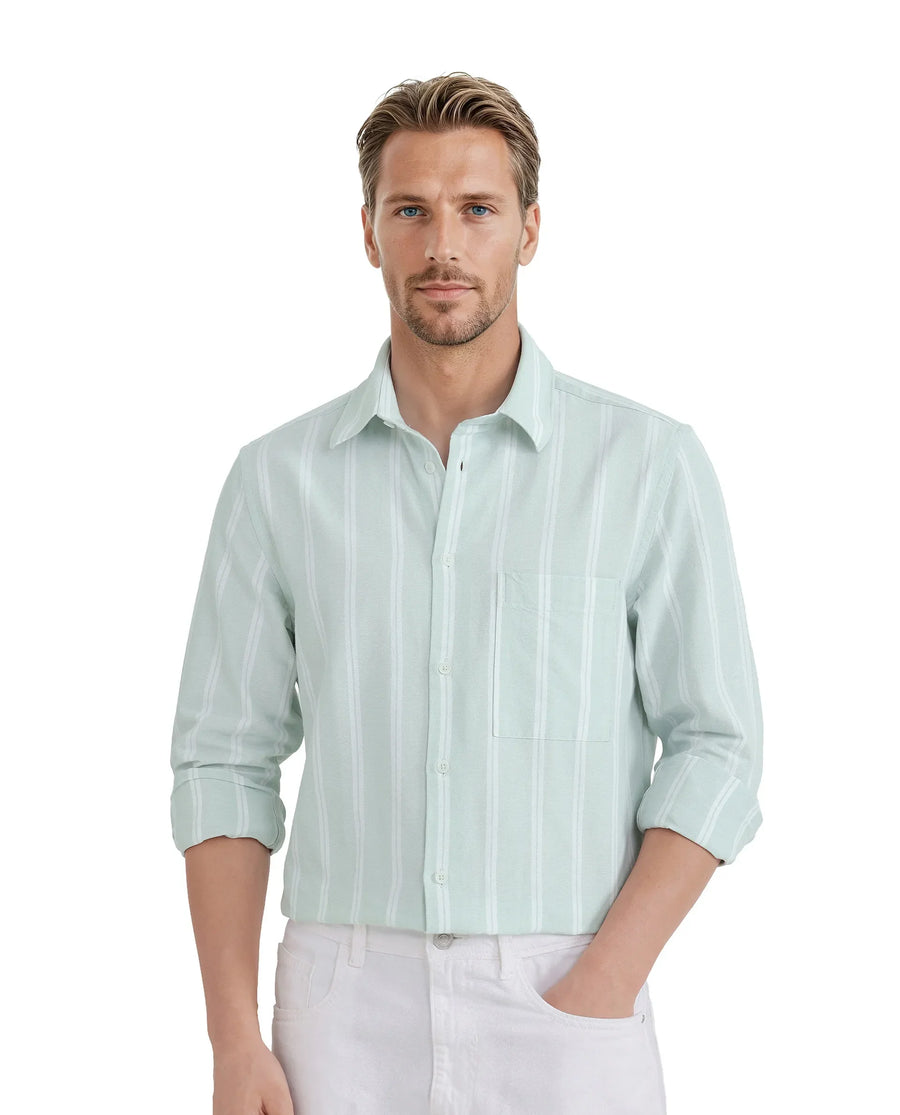 Rare Rabbit Men's Tico Pastel Green Cotton Striped Print Regular Fit Full Sleeve Collared Shirt