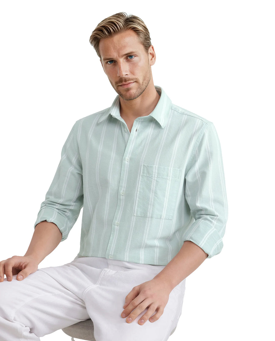 Rare Rabbit Men's Tico Pastel Green Cotton Striped Print Regular Fit Full Sleeve Collared Shirt