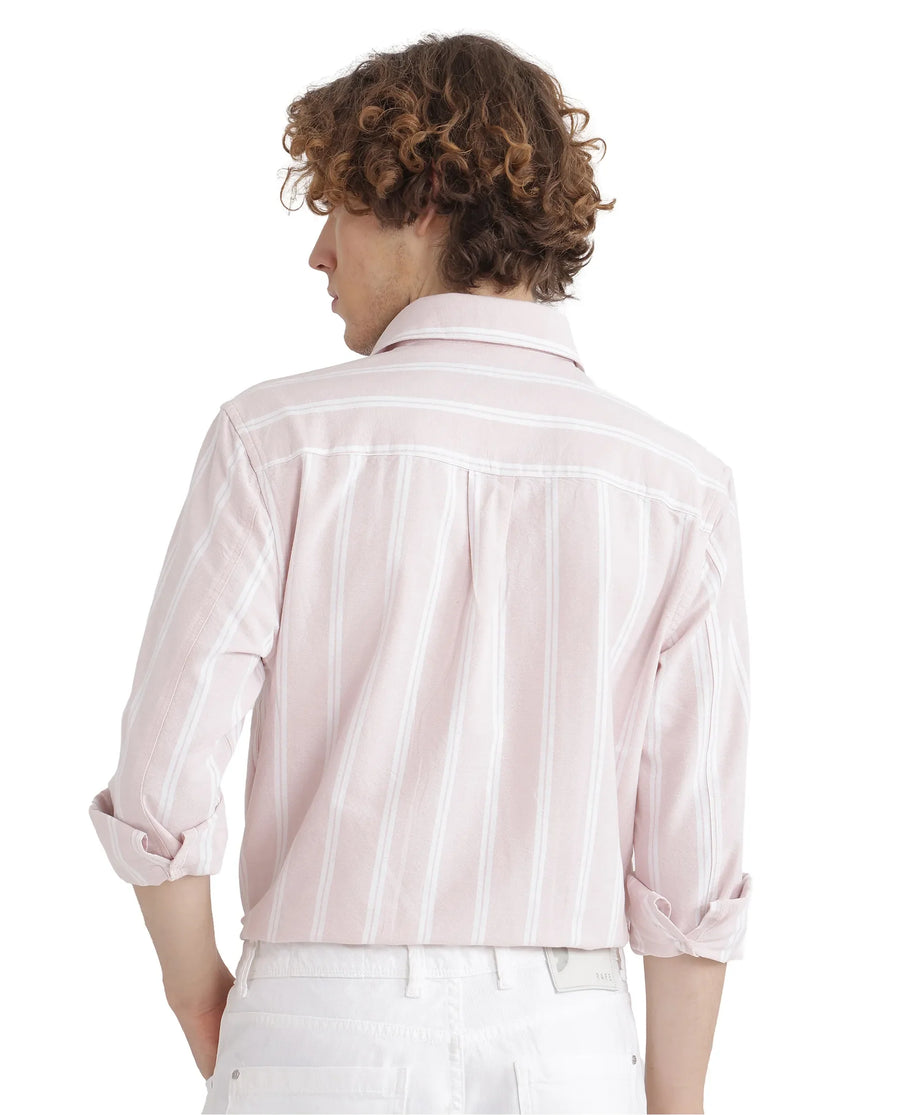 Rare Rabbit Men's Tickop Light Pink Cotton Striped Print Regular Fit Full Sleeve Collared Shirt
