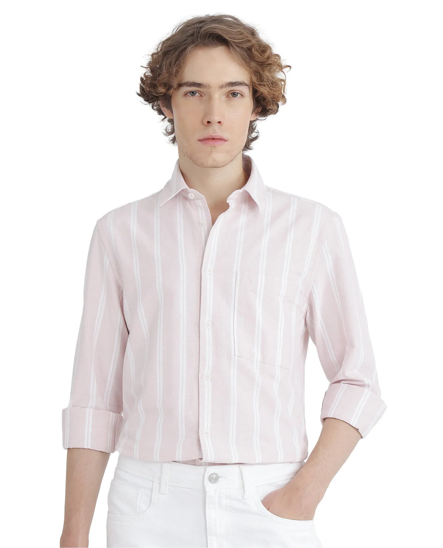 Rare Rabbit Men's Tickop Light Pink Cotton Striped Print Regular Fit Full Sleeve Collared Shirt