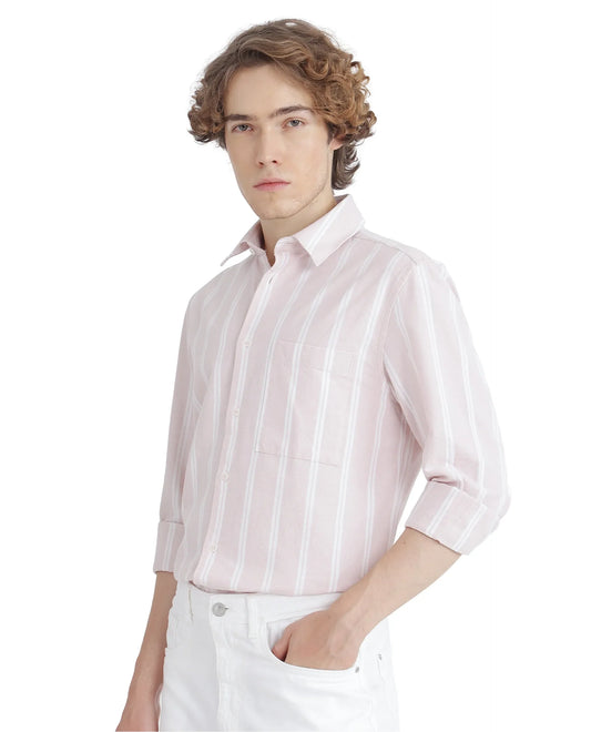 Rare Rabbit Men's Tickop Light Pink Cotton Striped Print Regular Fit Full Sleeve Collared Shirt