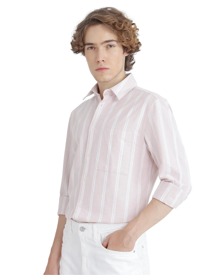 Rare Rabbit Men's Tickop Light Pink Cotton Striped Print Regular Fit Full Sleeve Collared Shirt