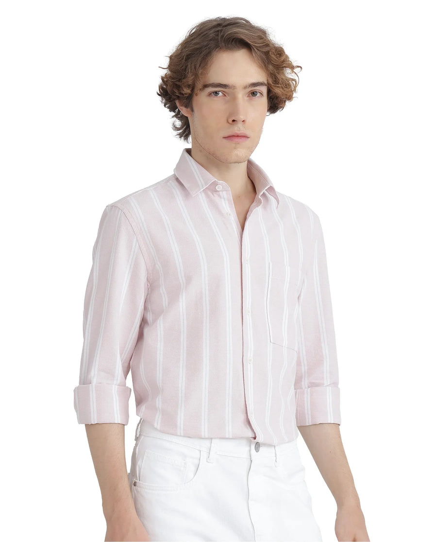 Rare Rabbit Men's Tickop Light Pink Cotton Striped Print Regular Fit Full Sleeve Collared Shirt
