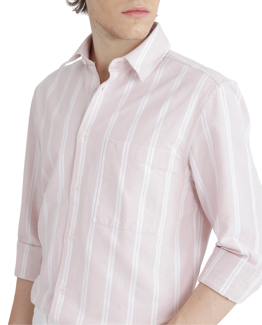 Rare Rabbit Men's Tickop Light Pink Cotton Striped Print Regular Fit Full Sleeve Collared Shirt