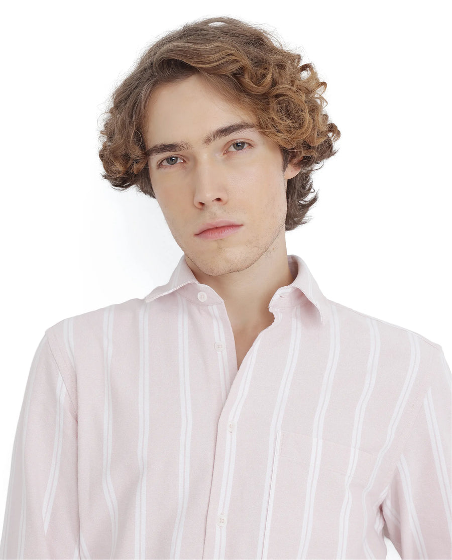 Rare Rabbit Men's Tickop Light Pink Cotton Striped Print Regular Fit Full Sleeve Collared Shirt