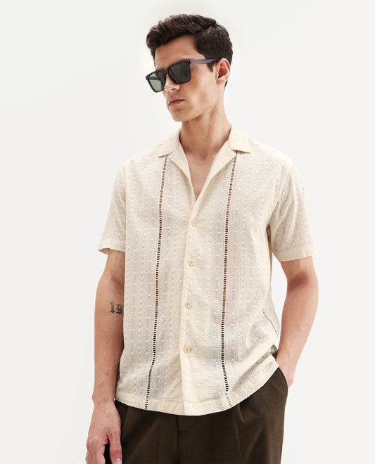 Rare Rabbit Men's Tiffy Off White Cotton Embroidered Boxy Fit Half Sleeve Cuban Collar Shirt