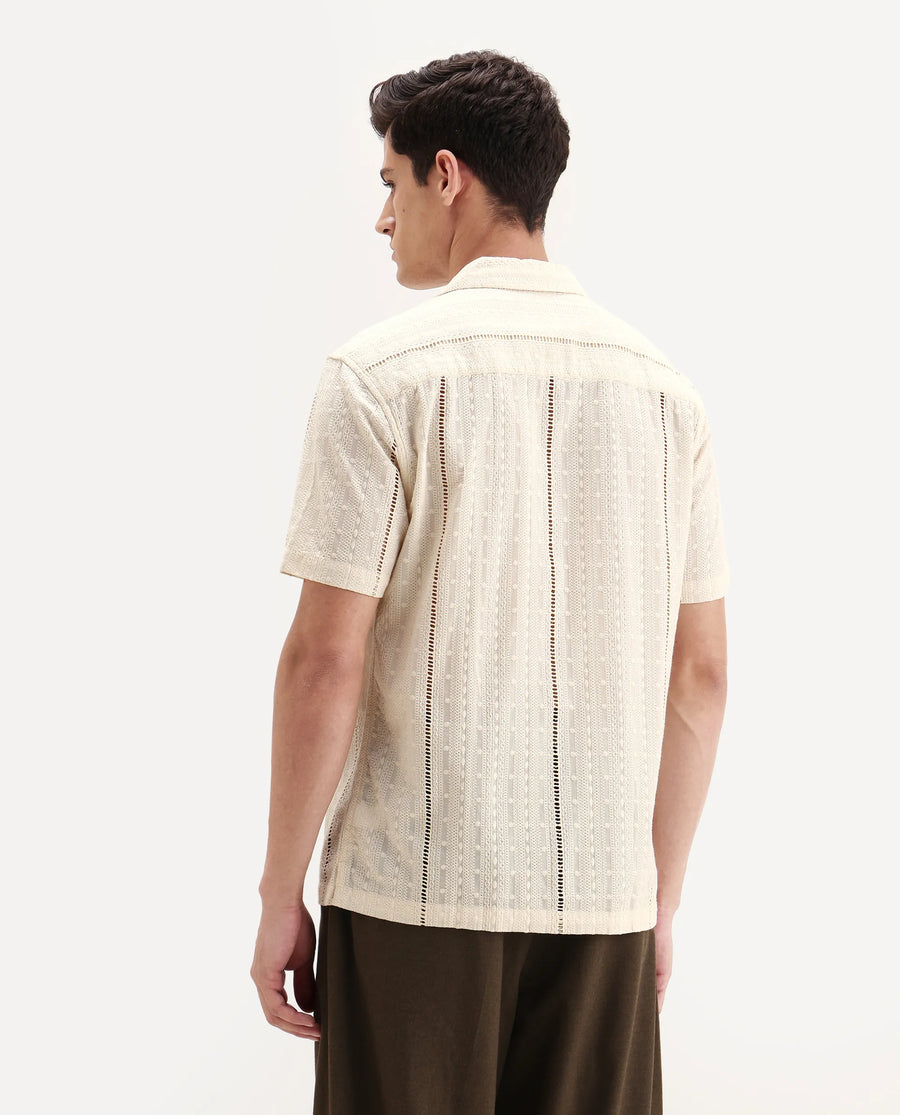 Rare Rabbit Men's Tiffy Off White Cotton Embroidered Boxy Fit Half Sleeve Cuban Collar Shirt