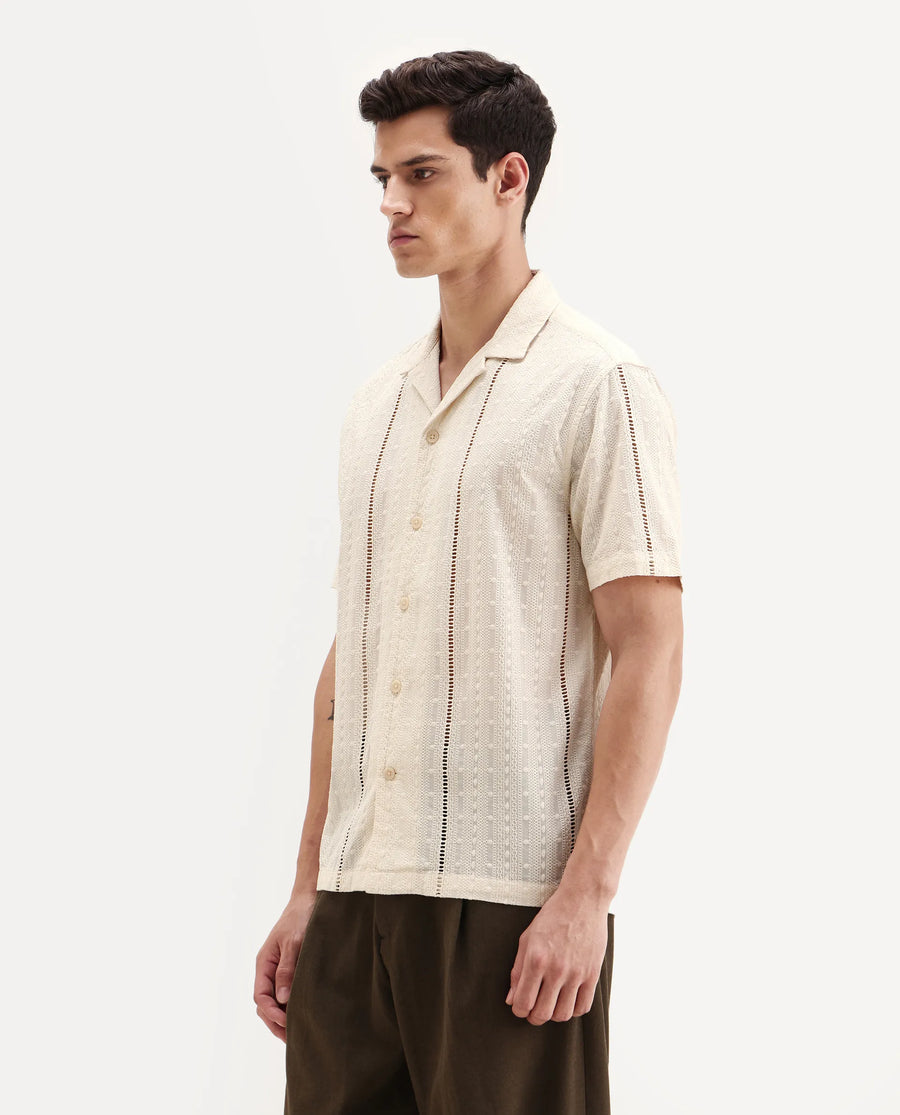Rare Rabbit Men's Tiffy Off White Cotton Embroidered Boxy Fit Half Sleeve Cuban Collar Shirt