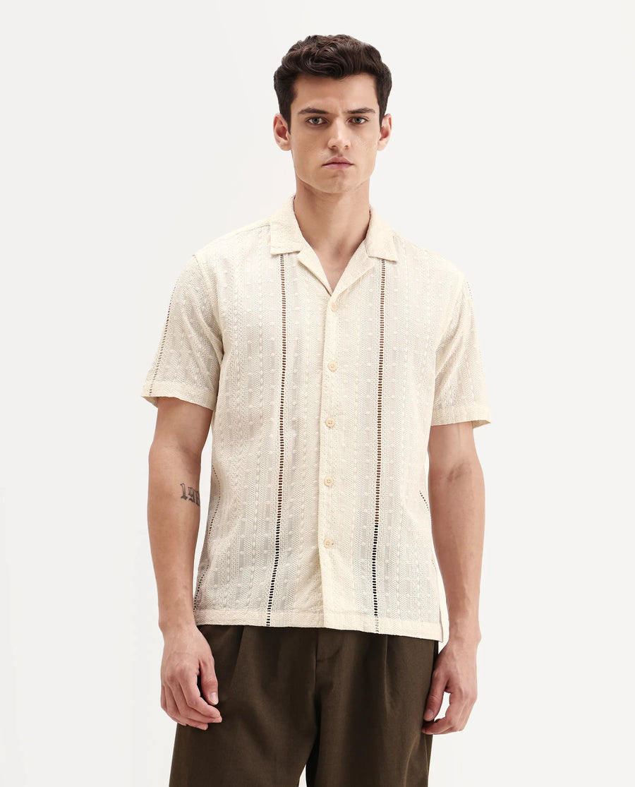 Rare Rabbit Men's Tiffy Off White Cotton Embroidered Boxy Fit Half Sleeve Cuban Collar Shirt