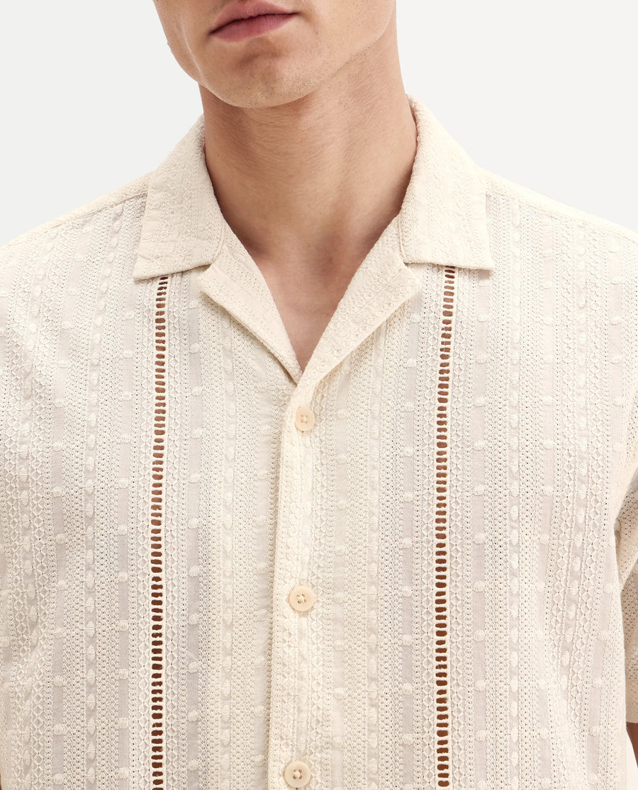 Rare Rabbit Men's Tiffy Off White Cotton Embroidered Boxy Fit Half Sleeve Cuban Collar Shirt