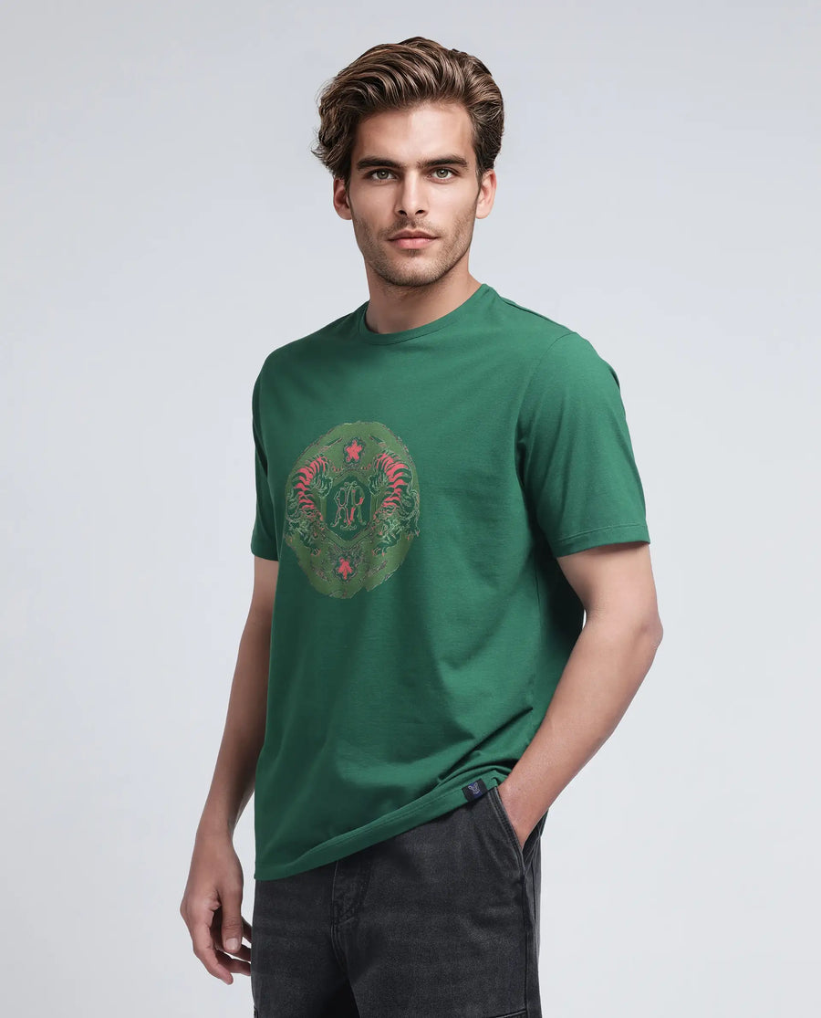 Rare Rabbit Men's Tig Olive Cotton Blend Graphic Print Regular Fit Half Sleeve Crew Neck T-Shirt