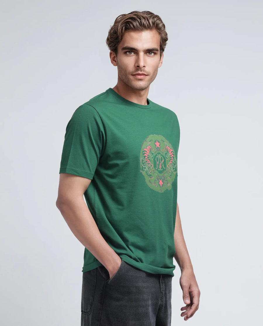 Rare Rabbit Men's Tig Olive Cotton Blend Graphic Print Regular Fit Half Sleeve Crew Neck T-Shirt