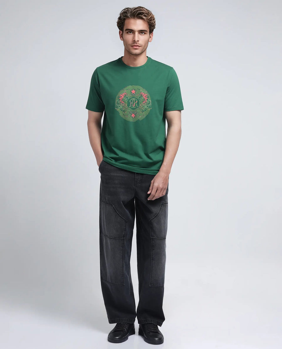 Rare Rabbit Men's Tig Olive Cotton Blend Graphic Print Regular Fit Half Sleeve Crew Neck T-Shirt