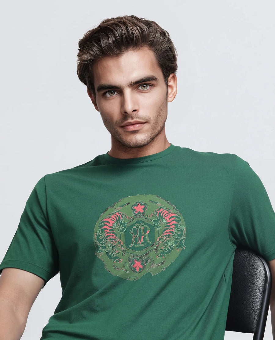 Rare Rabbit Men's Tig Olive Cotton Blend Graphic Print Regular Fit Half Sleeve Crew Neck T-Shirt