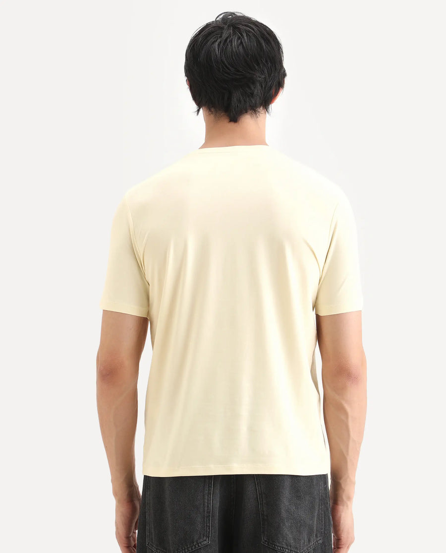 Rare Rabbit Men's Tigo Pastel Yellow Cotton Blend Fabric Half Sleeve Crew Neck Regular Fit Graphic Print T-Shirt