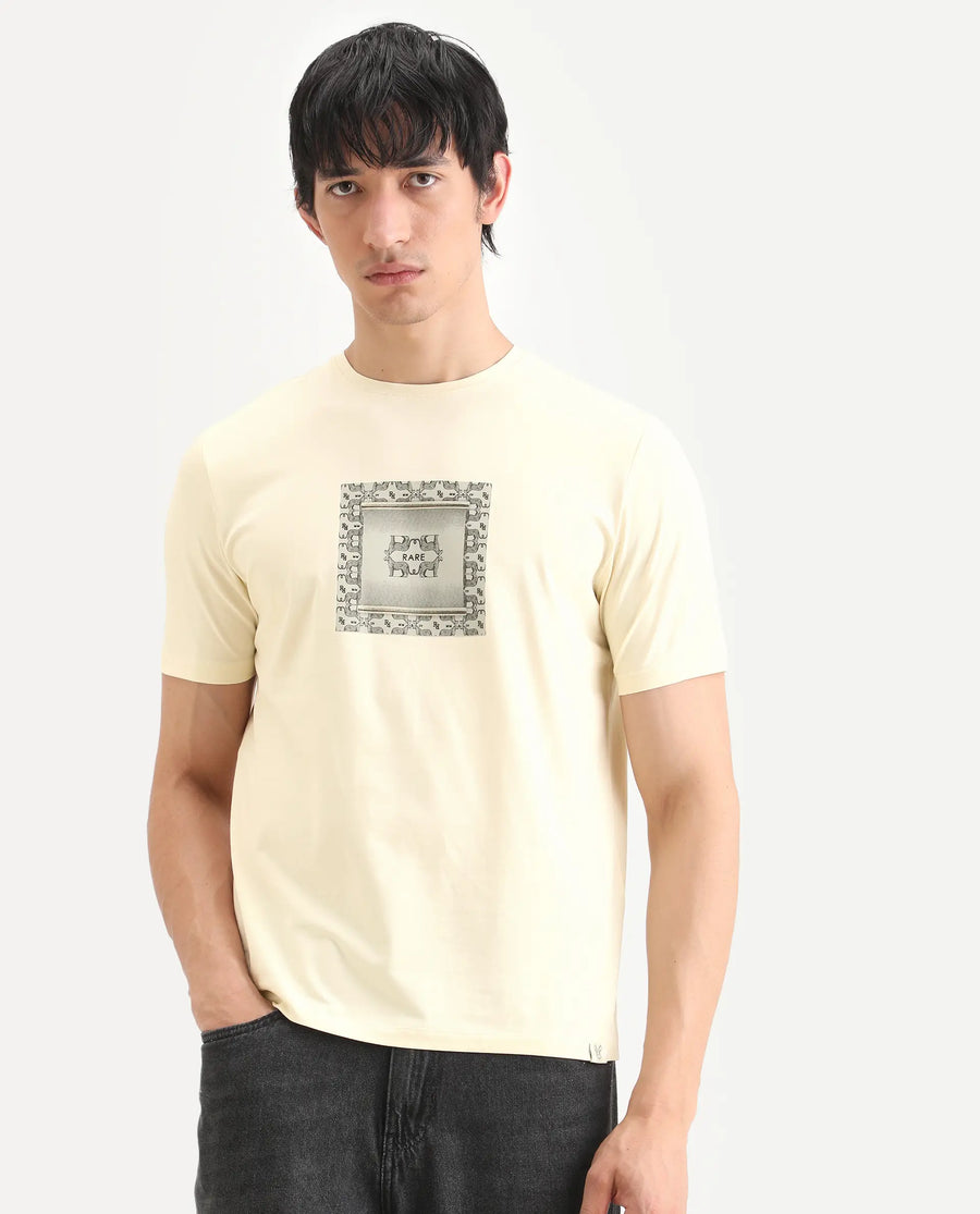 Rare Rabbit Men's Tigo Pastel Yellow Cotton Blend Fabric Half Sleeve Crew Neck Regular Fit Graphic Print T-Shirt