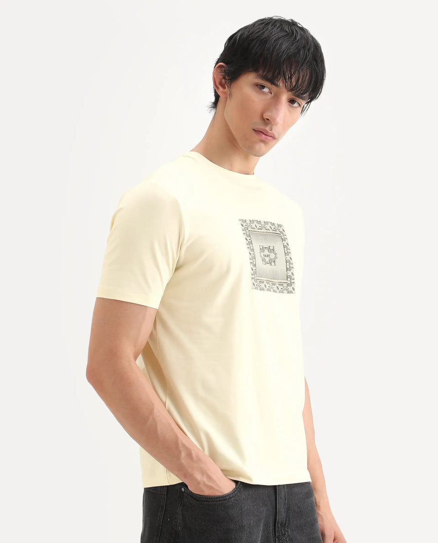 Rare Rabbit Men's Tigo Pastel Yellow Cotton Blend Fabric Half Sleeve Crew Neck Regular Fit Graphic Print T-Shirt