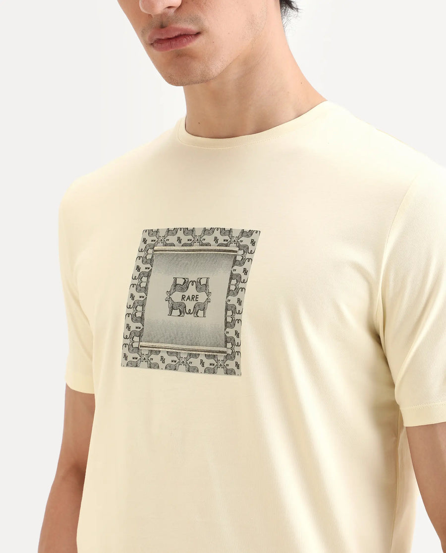 Rare Rabbit Men's Tigo Pastel Yellow Cotton Blend Fabric Half Sleeve Crew Neck Regular Fit Graphic Print T-Shirt