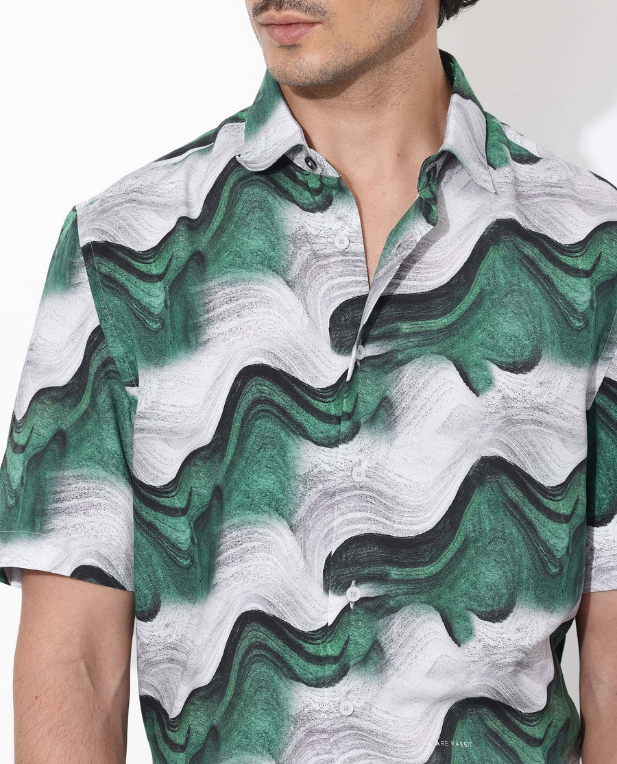 Rare Rabbit Men's Tijon Dark Green Viscose Abstract Print Regular Fit Half Sleeve Collared Shirt