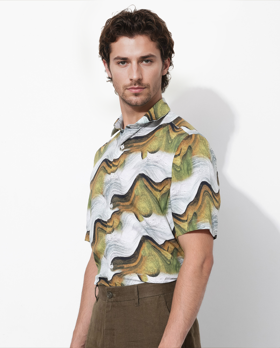 Rare Rabbit Men's Tijon Olive Viscose Abstract Print Regular Fit Half Sleeve Collared Shirt