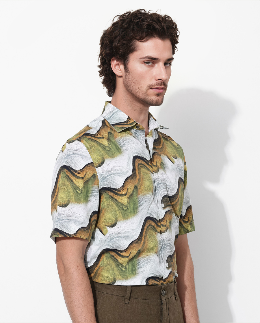 Rare Rabbit Men's Tijon Olive Viscose Abstract Print Regular Fit Half Sleeve Collared Shirt