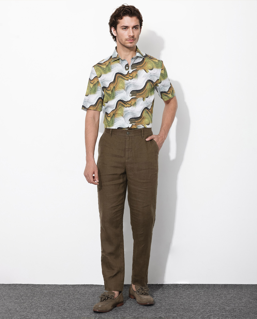 Rare Rabbit Men's Tijon Olive Viscose Abstract Print Regular Fit Half Sleeve Collared Shirt