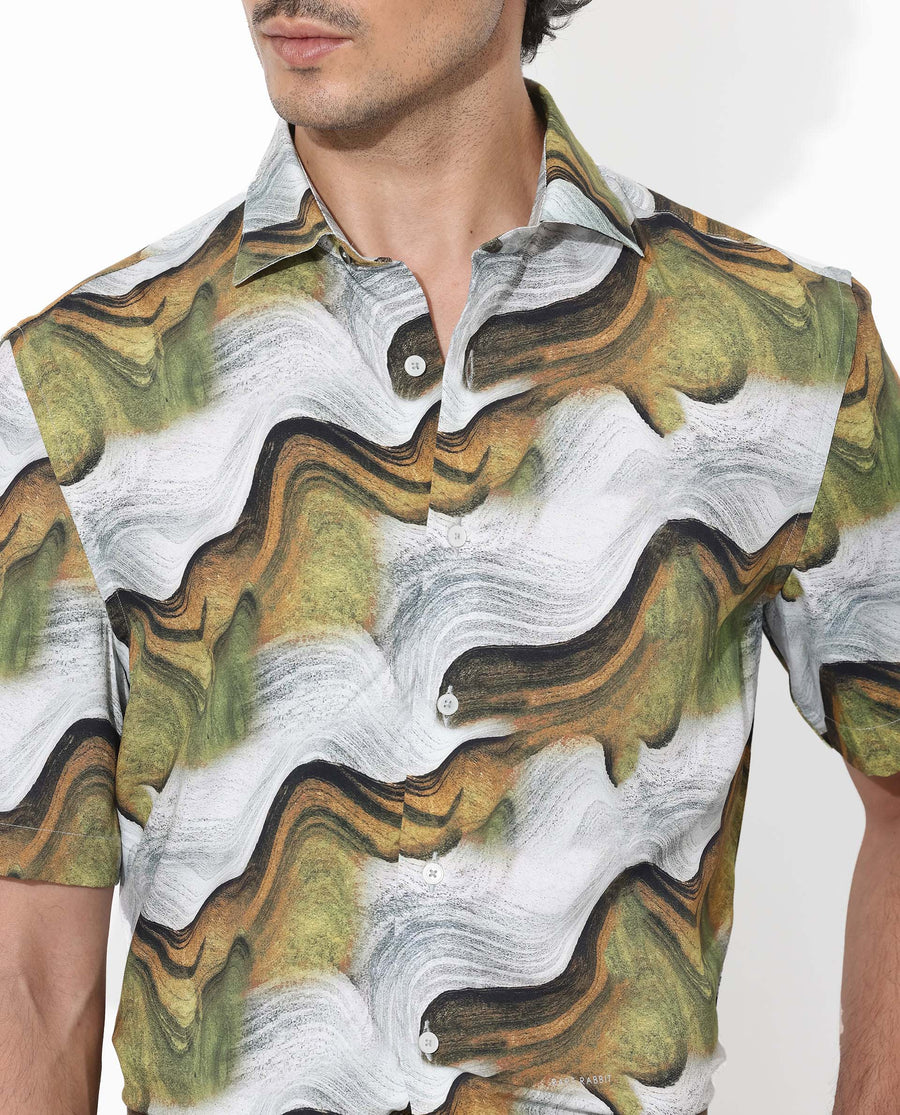 Rare Rabbit Men's Tijon Olive Viscose Abstract Print Regular Fit Half Sleeve Collared Shirt