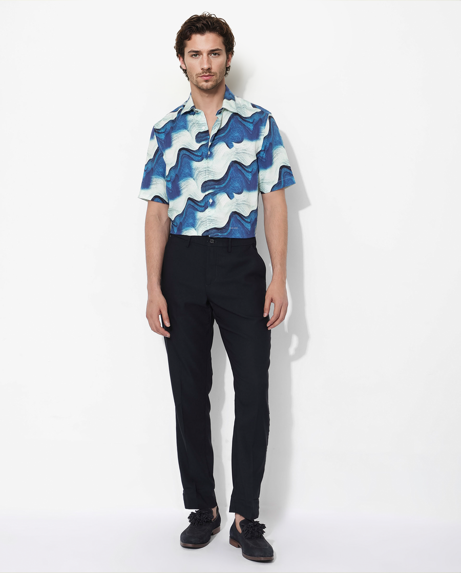 Rare Rabbit Men's Tijon Blue Viscose Abstract Print Regular Fit Half Sleeve Collared Shirt