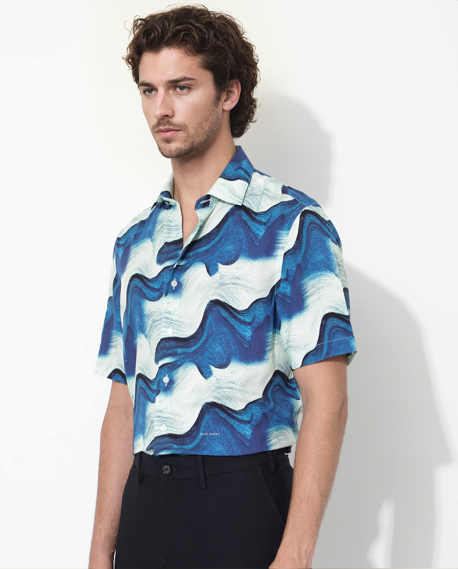 Rare Rabbit Men's Tijon Blue Viscose Abstract Print Regular Fit Half Sleeve Collared Shirt