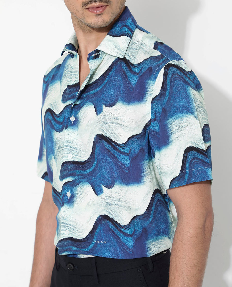 Rare Rabbit Men's Tijon Blue Viscose Abstract Print Regular Fit Half Sleeve Collared Shirt