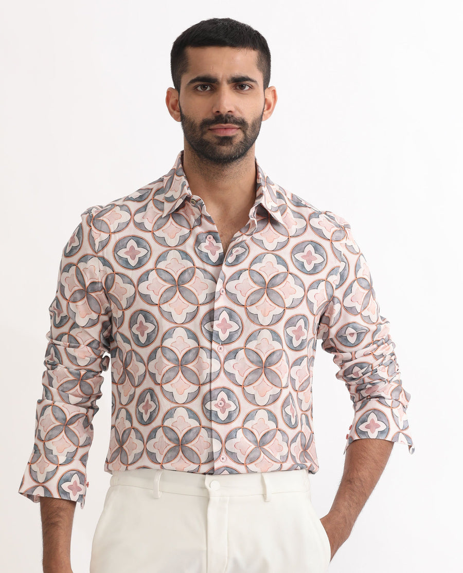 Rare Rabbit Men's Tiler Multi Viscose Geometric Print Regular Fit Full Sleeve Collared Shirt